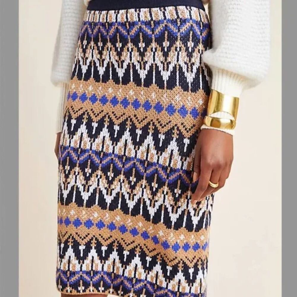 Anthropologie "Saorise" Black Blue Chevron Print Wool Cashmere Midi Skirt Medium